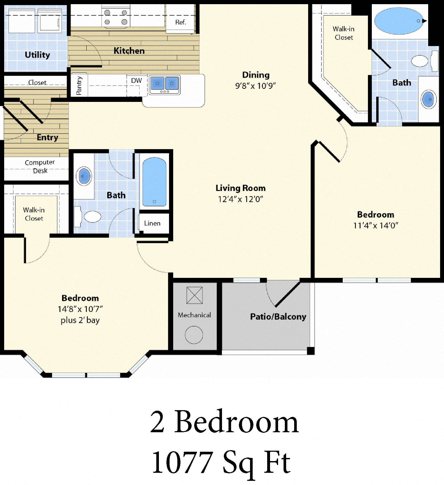 Floor plan for 2 beds, 2 baths, 1077 sqft